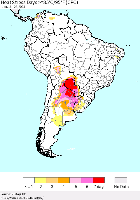 South America Heat Stress Days >=35°C/95°F (CPC) Thematic Map For 1/16/2023 - 1/22/2023