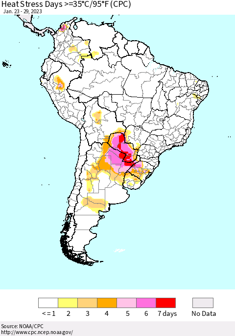 South America Heat Stress Days >=35°C/95°F (CPC) Thematic Map For 1/23/2023 - 1/29/2023