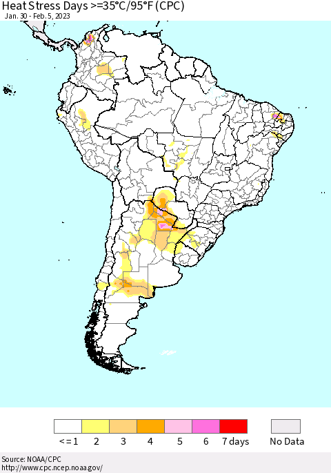 South America Heat Stress Days >=35°C/95°F (CPC) Thematic Map For 1/30/2023 - 2/5/2023