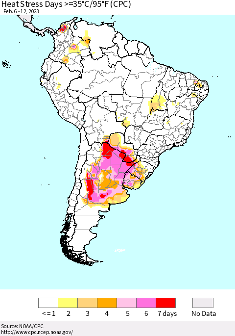 South America Heat Stress Days >=35°C/95°F (CPC) Thematic Map For 2/6/2023 - 2/12/2023