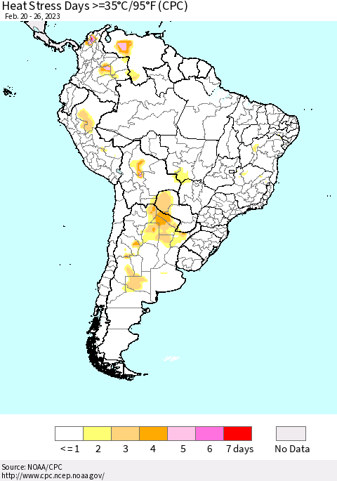 South America Heat Stress Days >=35°C/95°F (CPC) Thematic Map For 2/20/2023 - 2/26/2023