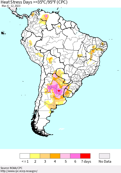 South America Heat Stress Days >=35°C/95°F (CPC) Thematic Map For 3/6/2023 - 3/12/2023