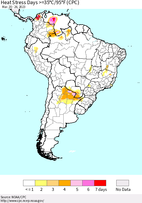 South America Heat Stress Days >=35°C/95°F (CPC) Thematic Map For 3/20/2023 - 3/26/2023