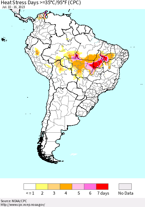 South America Heat Stress Days >=35°C/95°F (CPC) Thematic Map For 7/10/2023 - 7/16/2023