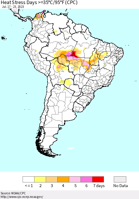 South America Heat Stress Days >=35°C/95°F (CPC) Thematic Map For 7/17/2023 - 7/23/2023