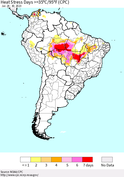 South America Heat Stress Days >=35°C/95°F (CPC) Thematic Map For 7/24/2023 - 7/30/2023