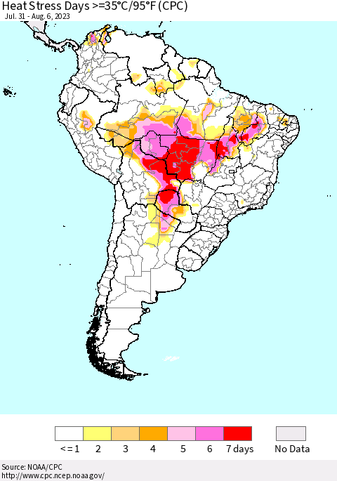 South America Heat Stress Days >=35°C/95°F (CPC) Thematic Map For 7/31/2023 - 8/6/2023