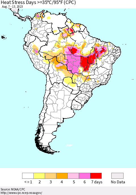 South America Heat Stress Days >=35°C/95°F (CPC) Thematic Map For 8/7/2023 - 8/13/2023