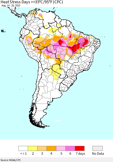South America Heat Stress Days >=35°C/95°F (CPC) Thematic Map For 8/14/2023 - 8/20/2023