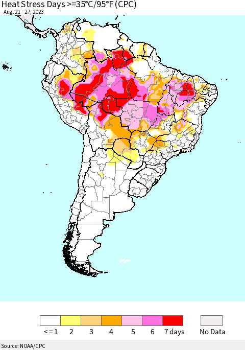 South America Heat Stress Days >=35°C/95°F (CPC) Thematic Map For 8/21/2023 - 8/27/2023