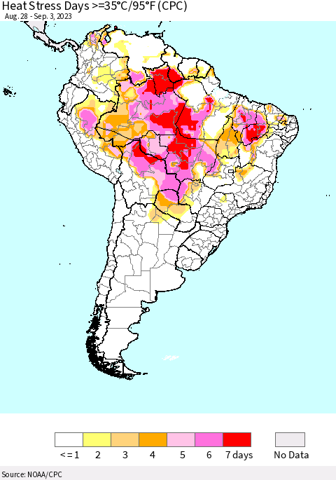 South America Heat Stress Days >=35°C/95°F (CPC) Thematic Map For 8/28/2023 - 9/3/2023