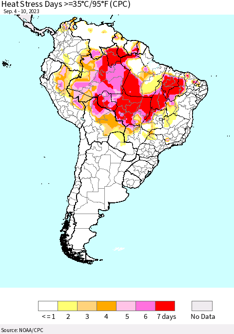 South America Heat Stress Days >=35°C/95°F (CPC) Thematic Map For 9/4/2023 - 9/10/2023