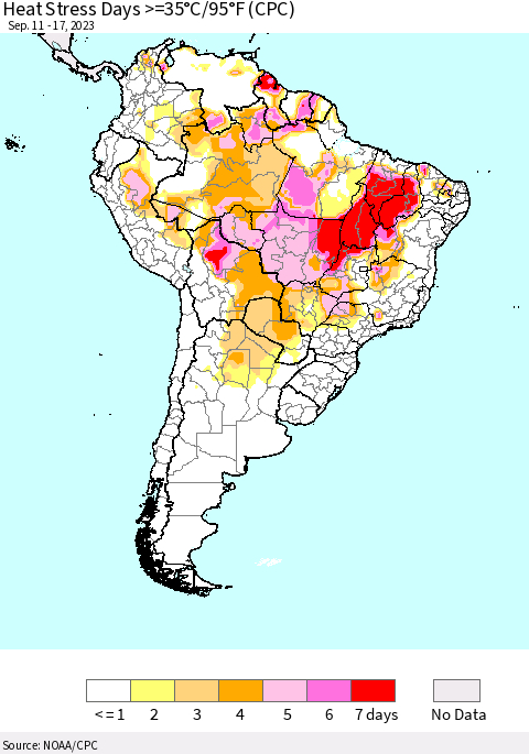 South America Heat Stress Days >=35°C/95°F (CPC) Thematic Map For 9/11/2023 - 9/17/2023
