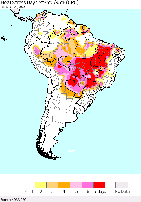 South America Heat Stress Days >=35°C/95°F (CPC) Thematic Map For 9/18/2023 - 9/24/2023