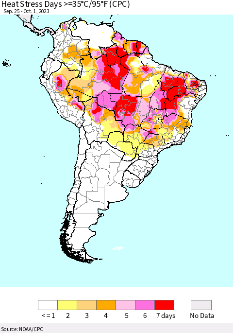 South America Heat Stress Days >=35°C/95°F (CPC) Thematic Map For 9/25/2023 - 10/1/2023