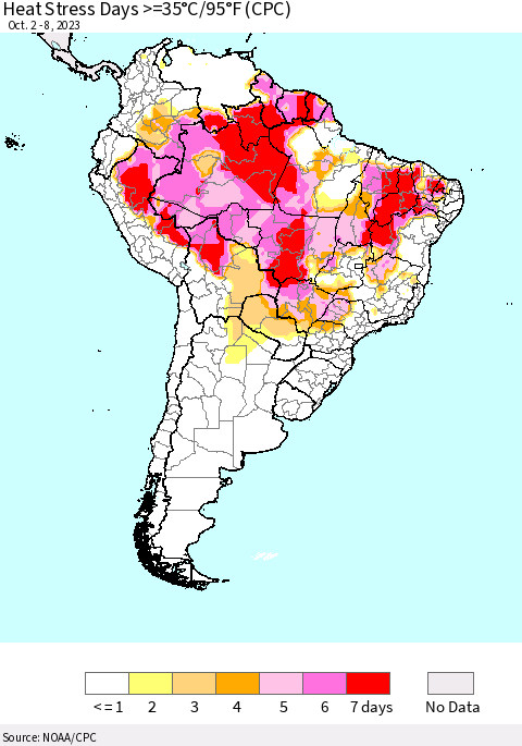 South America Heat Stress Days >=35°C/95°F (CPC) Thematic Map For 10/2/2023 - 10/8/2023