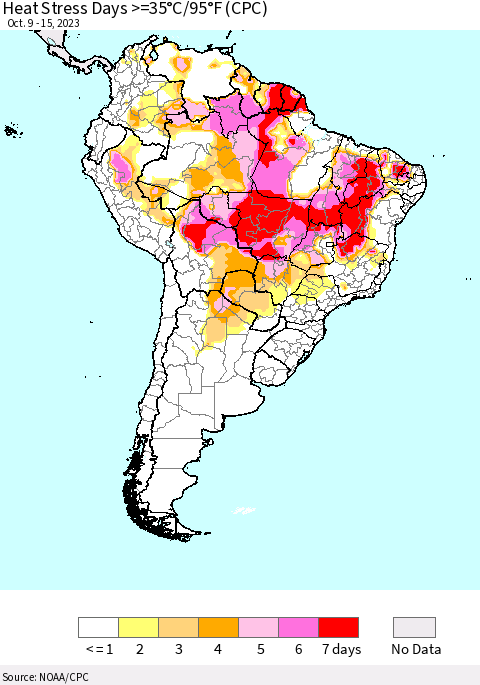 South America Heat Stress Days >=35°C/95°F (CPC) Thematic Map For 10/9/2023 - 10/15/2023