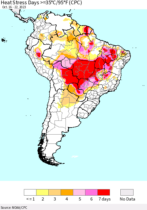 South America Heat Stress Days >=35°C/95°F (CPC) Thematic Map For 10/16/2023 - 10/22/2023