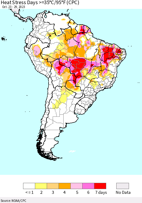 South America Heat Stress Days >=35°C/95°F (CPC) Thematic Map For 10/23/2023 - 10/29/2023