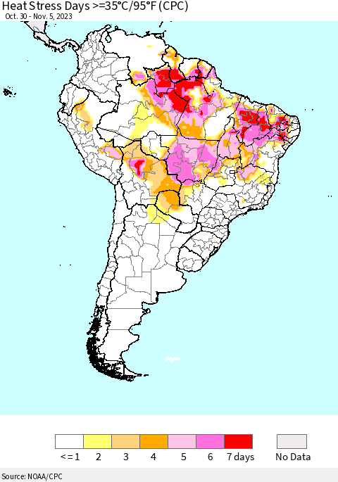 South America Heat Stress Days >=35°C/95°F (CPC) Thematic Map For 10/30/2023 - 11/5/2023