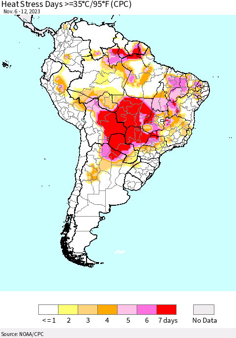 South America Heat Stress Days >=35°C/95°F (CPC) Thematic Map For 11/6/2023 - 11/12/2023
