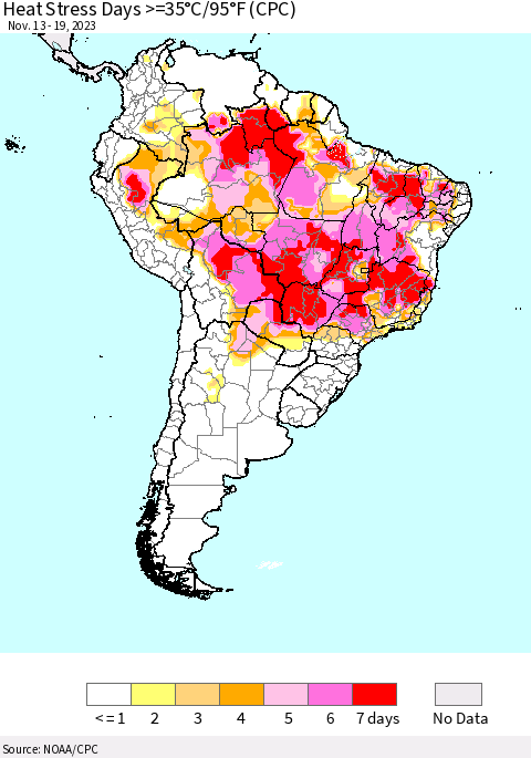 South America Heat Stress Days >=35°C/95°F (CPC) Thematic Map For 11/13/2023 - 11/19/2023