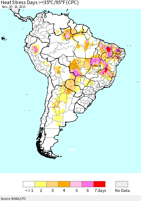 South America Heat Stress Days >=35°C/95°F (CPC) Thematic Map For 11/20/2023 - 11/26/2023