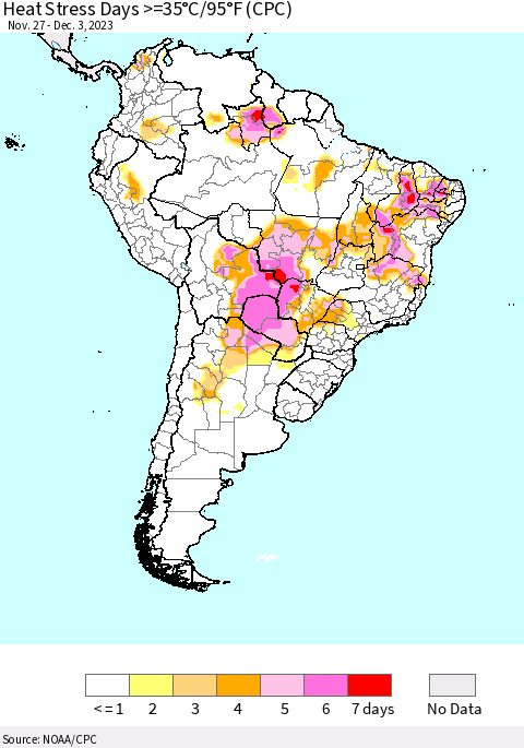 South America Heat Stress Days >=35°C/95°F (CPC) Thematic Map For 11/27/2023 - 12/3/2023