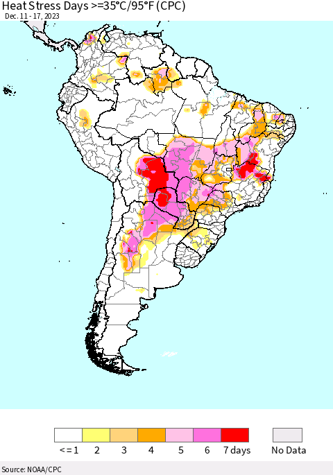South America Heat Stress Days >=35°C/95°F (CPC) Thematic Map For 12/11/2023 - 12/17/2023