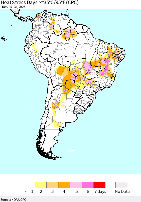 South America Heat Stress Days >=35°C/95°F (CPC) Thematic Map For 12/25/2023 - 12/31/2023