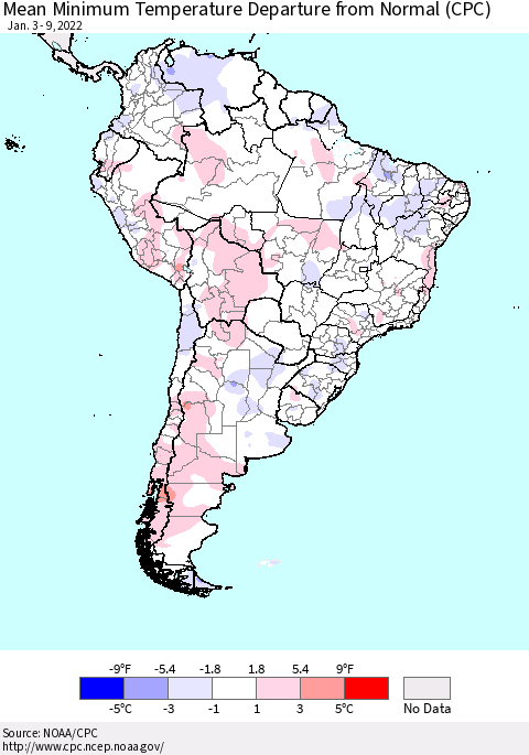South America Mean Minimum Temperature Departure from Normal (CPC) Thematic Map For 1/3/2022 - 1/9/2022