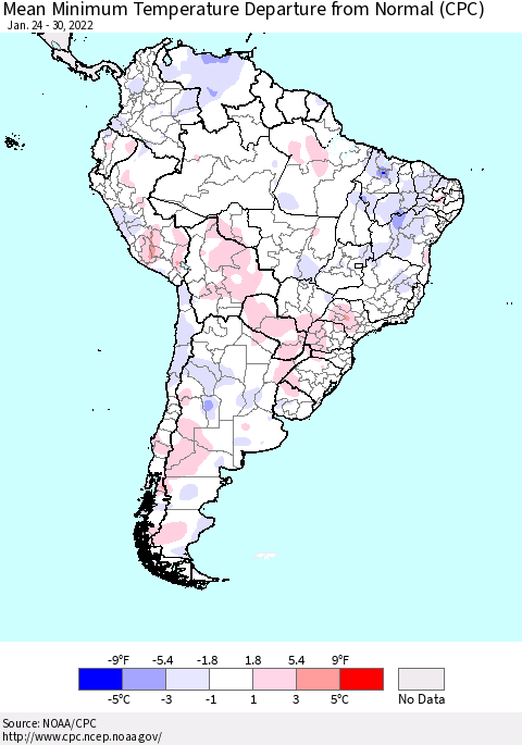 South America Mean Minimum Temperature Departure from Normal (CPC) Thematic Map For 1/24/2022 - 1/30/2022
