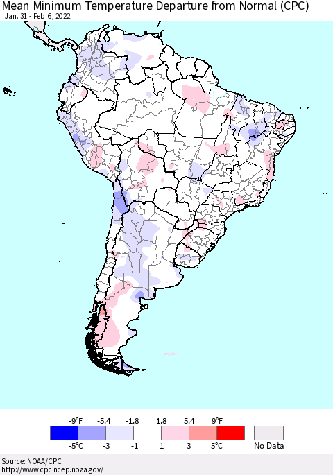 South America Mean Minimum Temperature Departure from Normal (CPC) Thematic Map For 1/31/2022 - 2/6/2022
