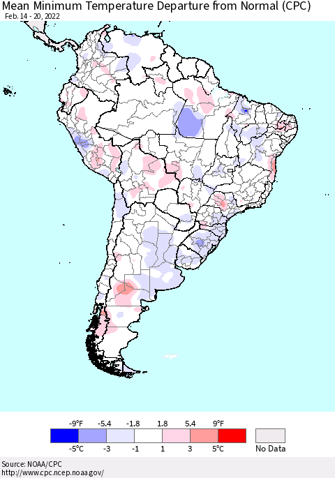 South America Mean Minimum Temperature Departure from Normal (CPC) Thematic Map For 2/14/2022 - 2/20/2022