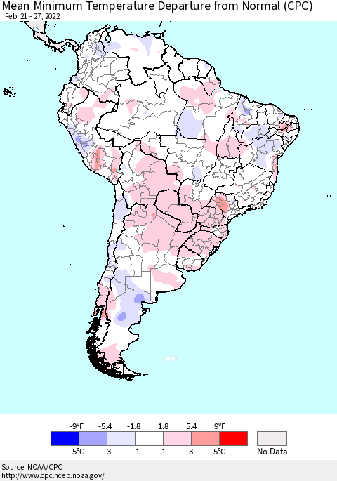 South America Mean Minimum Temperature Departure from Normal (CPC) Thematic Map For 2/21/2022 - 2/27/2022