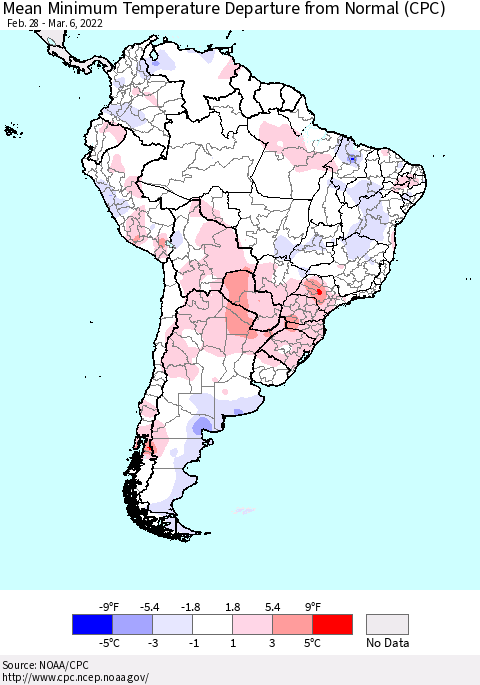 South America Mean Minimum Temperature Departure from Normal (CPC) Thematic Map For 2/28/2022 - 3/6/2022