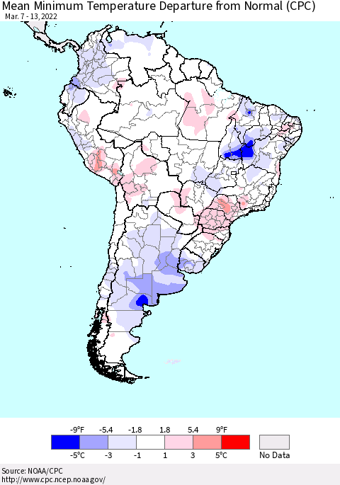 South America Mean Minimum Temperature Departure from Normal (CPC) Thematic Map For 3/7/2022 - 3/13/2022
