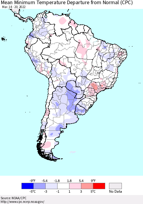 South America Mean Minimum Temperature Departure from Normal (CPC) Thematic Map For 3/14/2022 - 3/20/2022