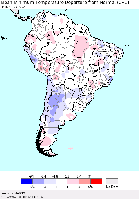 South America Mean Minimum Temperature Departure from Normal (CPC) Thematic Map For 3/21/2022 - 3/27/2022