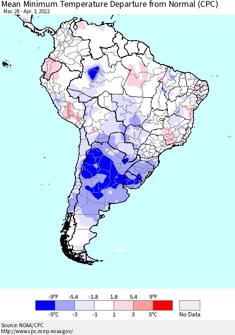 South America Mean Minimum Temperature Departure from Normal (CPC) Thematic Map For 3/28/2022 - 4/3/2022