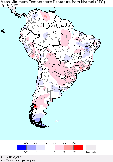 South America Mean Minimum Temperature Departure from Normal (CPC) Thematic Map For 4/4/2022 - 4/10/2022