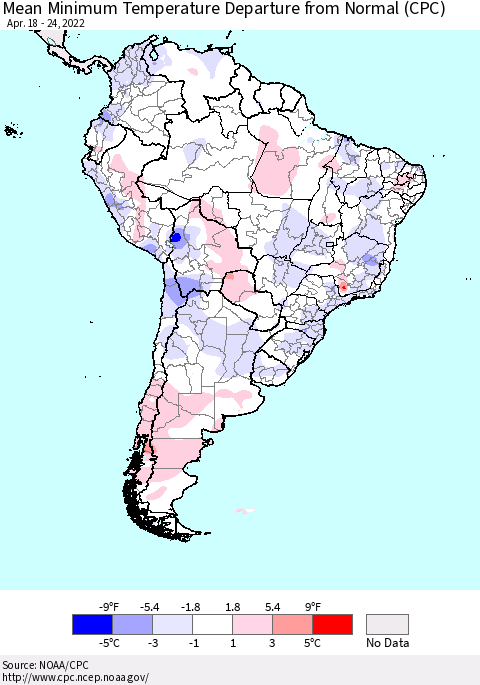 South America Mean Minimum Temperature Departure from Normal (CPC) Thematic Map For 4/18/2022 - 4/24/2022