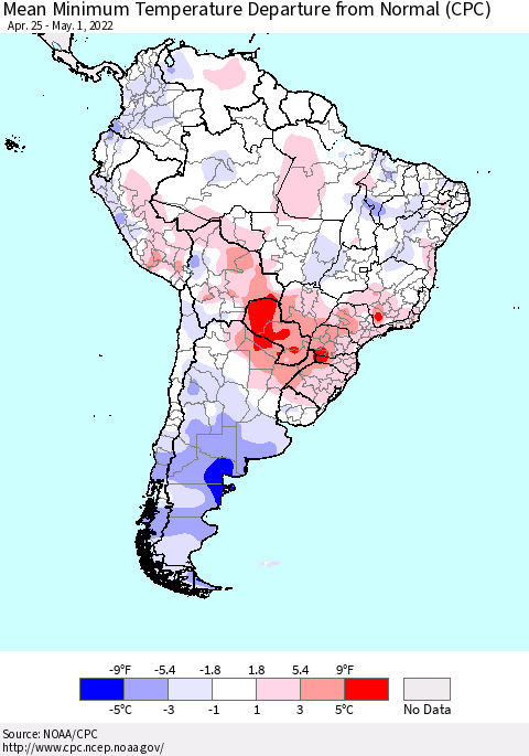 South America Mean Minimum Temperature Departure from Normal (CPC) Thematic Map For 4/25/2022 - 5/1/2022