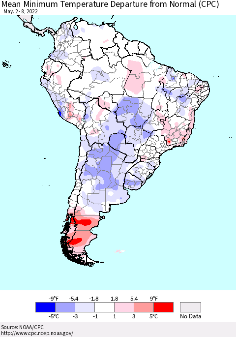 South America Mean Minimum Temperature Departure from Normal (CPC) Thematic Map For 5/2/2022 - 5/8/2022
