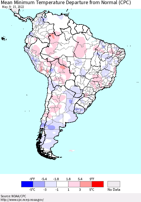 South America Mean Minimum Temperature Departure from Normal (CPC) Thematic Map For 5/9/2022 - 5/15/2022