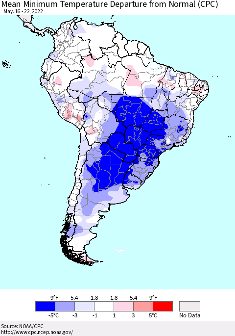 South America Mean Minimum Temperature Departure from Normal (CPC) Thematic Map For 5/16/2022 - 5/22/2022