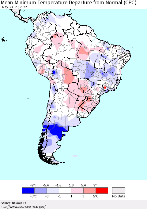 South America Mean Minimum Temperature Departure from Normal (CPC) Thematic Map For 5/23/2022 - 5/29/2022
