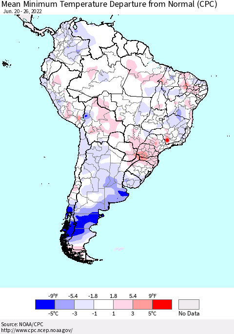 South America Mean Minimum Temperature Departure from Normal (CPC) Thematic Map For 6/20/2022 - 6/26/2022