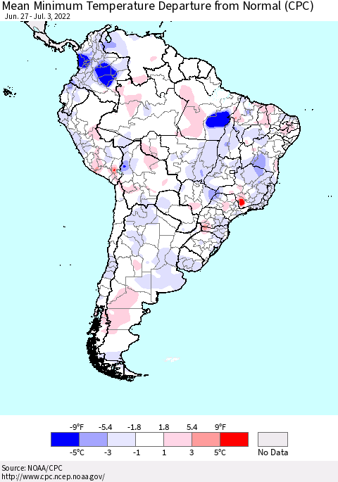 South America Mean Minimum Temperature Departure from Normal (CPC) Thematic Map For 6/27/2022 - 7/3/2022