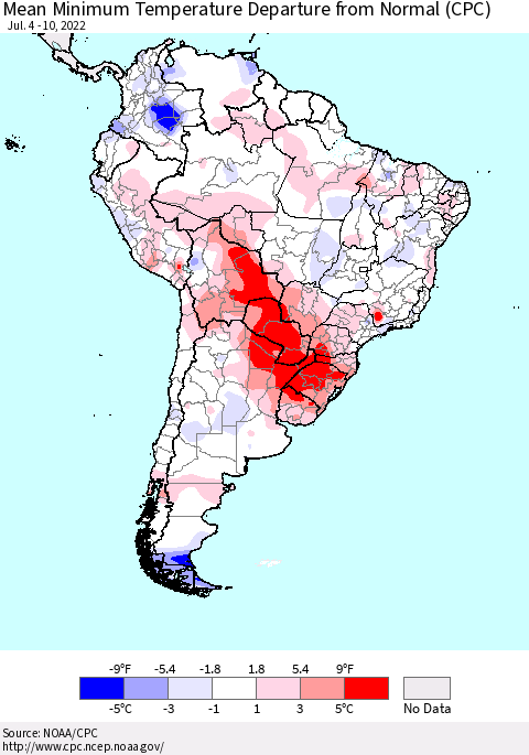 South America Mean Minimum Temperature Departure from Normal (CPC) Thematic Map For 7/4/2022 - 7/10/2022